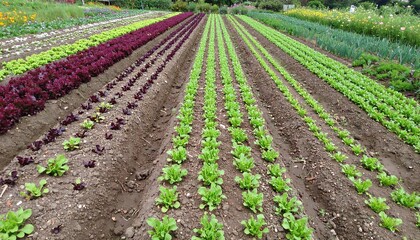 Rows of vibrant green and red lettuce in a garden