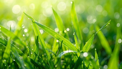 Fototapeta premium Close-up view of vibrant green grass blades glistening with morning dew under soft sunlight