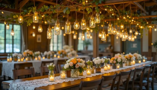 Enchanting wedding reception table with mason jar lights and floral centerpieces creates magical ambiance