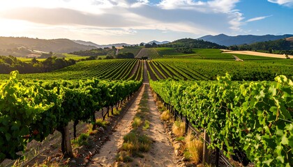 Expansive vineyard rows stretching into a golden sunset