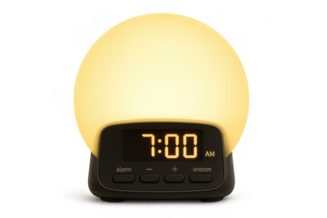 Modern alarm clock showing 7 am with light on transparent background