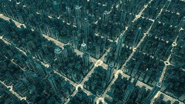 Aerial view of a futuristic city with glowing lines outlining buildings and street patterns seen above