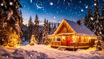 Fototapeta premium Snowy chalet at night, decorated for the holidays