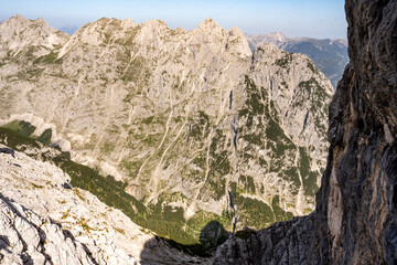 View From The Alpspitze Via Ferrata Into The Höllental Valley: Scenic Bavarian Alps Landscape With Rugged Rock Faces And Mountain Peaks