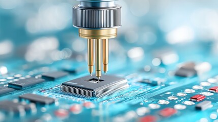 macro shot of SMT pick-and-place robot mounting microchips onto a PCB