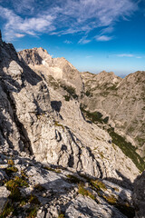 Scenic View Of Zugspitze And Jubilee Ridge From Via Ferrata Alpspitze: Rugged Rocky Peaks Of The Bavarian Alps Under Clear Blue Sky