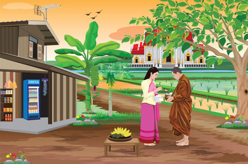 A female lay devotee is giving alms to the monks.vector design