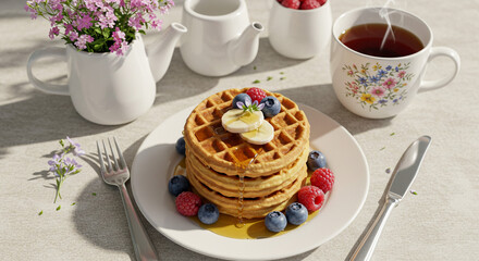 Delicious stacked waffles with fresh berries and syrup, perfect for a delightful breakfast or brunch experience.