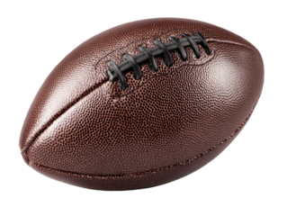 Close-up of a brown American football.  Leather-covered ball with stitched seams.  Dark brown, pebbled texture.  Isolated on black