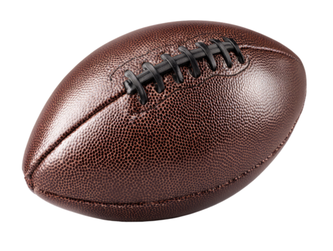 Close-up of a brown American football.  Leather-covered ball with stitched seams.  Dark brown, pebbled texture.  Isolated on black