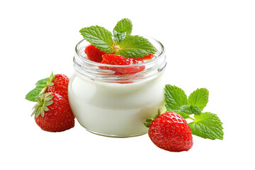 Glass jar of yogurt with fresh strawberries and mint