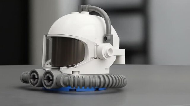 White and gray helmet with breathing apparatus and a clear visor