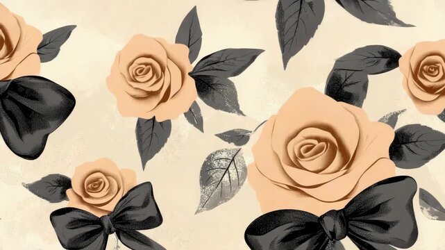 Elegant vintage floral pattern with roses and black bows