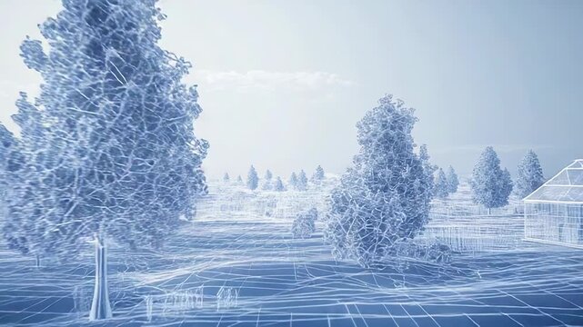 Wireframe landscape showing suburban area with trees and houses