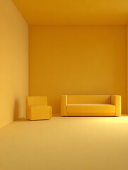 Minimalist yellow living space featuring a modern sofa and ottoman in a soft ambient glow
