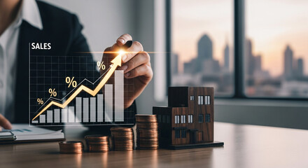 Rising Real Estate Sales Graph Depicts Growth in Property Market with Buildings & Coins