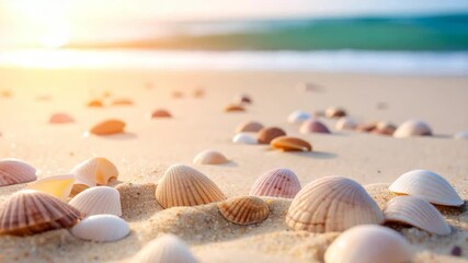 seashell scattered on sandy beach shore at sunrise with soft ocean wave in background summer coastal landscape - Powered by Adobe