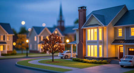 Serene Suburban Evening Warm Lights Glow in Picturesque Neighborhood Homes at Twilight