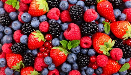 A vibrant display of assorted berries, showcasing a mix of strawberries, raspberries, blueberries, blackberries, and red currants.