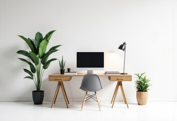Fototapeta premium Modern property office featuring a stylish desk workspace with plants