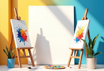 Arts workshop area featuring easels and vibrant paint splashes
