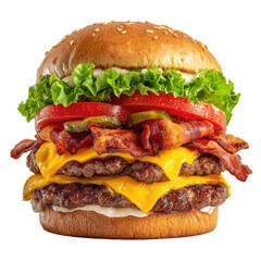 A towering double cheeseburger, topped with bacon, 