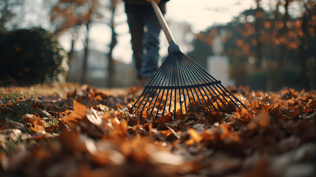 Man raking autumn leaves from the ground. Fall season yard cleanup and gardening concept. Outdoor chore for autumn time.