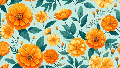 Cheerful pattern of bright orange blossoms and green foliage against a pale, airy backdrop