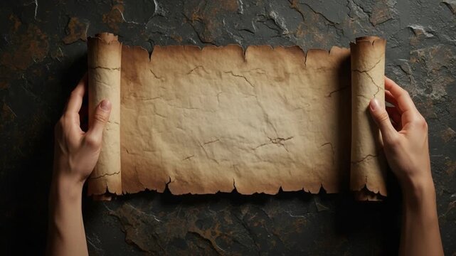 Hands holding an old parchment scroll on a dark textured surface with rolled edges and visible cracks