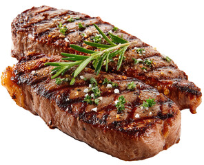 Two grilled steak slices topped with fresh rosemary and seasonings