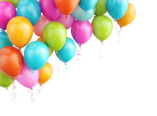Colorful balloons with ribbons fill the image's left and center, cascading toward the bottom-right corner against a black background