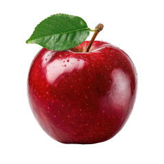 Close-up of a vibrant red apple with a green leaf