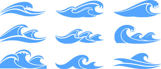 Sea wave set silhouette isolated on white background. Nature ocean graphic symbol vector illustration. Water wave element vector design collection