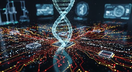 Dna Helix Connecting to a Digital Circuit Board Representing Advanced Science