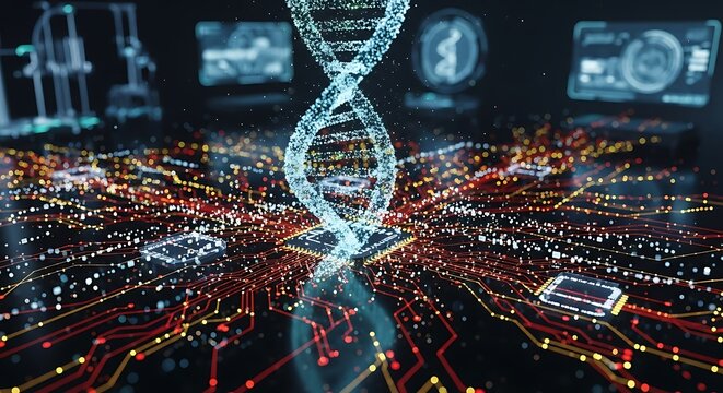 Dna Helix Connecting to a Digital Circuit Board Representing Advanced Science