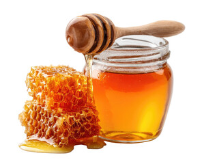 Honey drips from a wooden dipper into a glass jar, beside honeycomb pieces