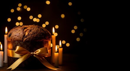 Festive Panettone with Golden Ribbon, Illuminated Candles, and Warm Bokeh Lights on a Dark Background, Christmas Eve Ambiance.