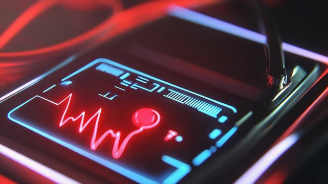 Futuristic medical device displaying vital signs with probe attached