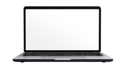 Laptop with blank screen.  Gray metal body.  Front view
