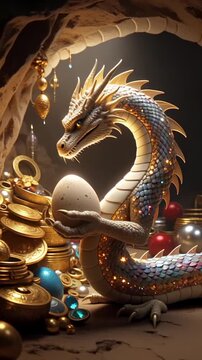 Dragon guarding an egg amidst a hoard of treasure