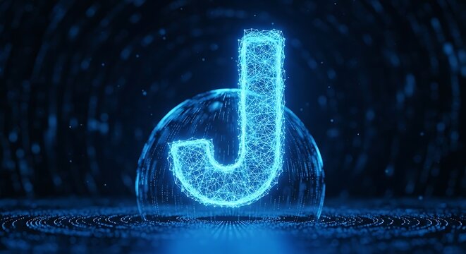 Abstract Digital Letter J in Blue Plexus Network Sphere