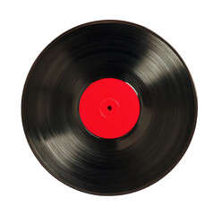Close-up of a vinyl record.  Dark gray/black vinyl disc with a bright red label.  Circular shape