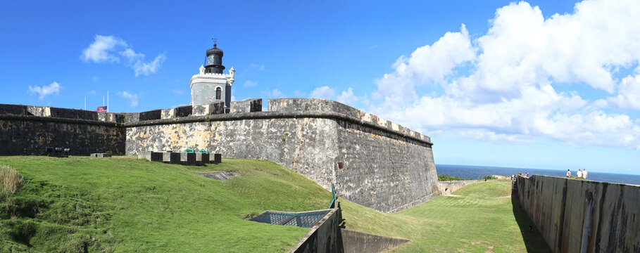 Castillo San Felipe del Morro, El Morro in San Juan, Puerto Rico.  Centuries-old fortress,  towering ramparts with stunning views of the Atlantic Ocean 
