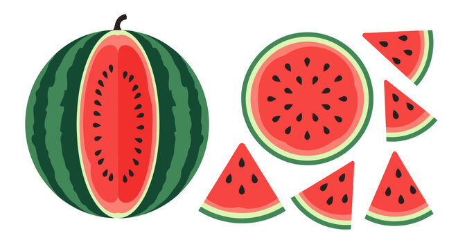 Whimsical watermelon slices and cross section, vibrant summer fruit medley