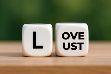 Explore the Power of Words Love and Lust on Dice with a Wood Table and Green Backdrop for Valentine's Day Message or Relationship Design