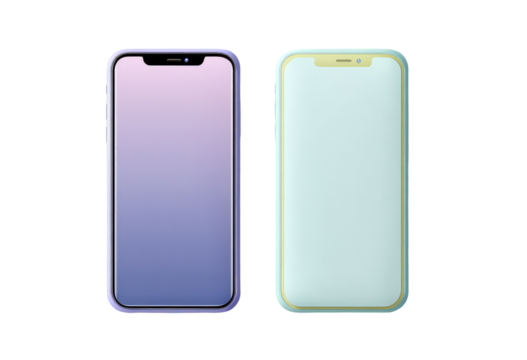 Two smartphones, side-by-side, one light purple/lavender, the other mint/light green,