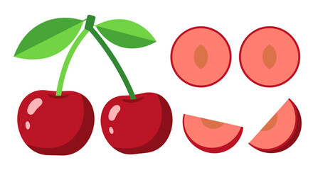 Whimsical cartoon cherries, whole, sliced, and halved, ready for decoration