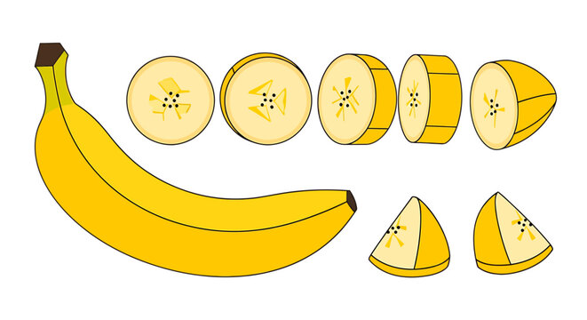 Illustrative representation of banana slices and whole fruit arranged neatly