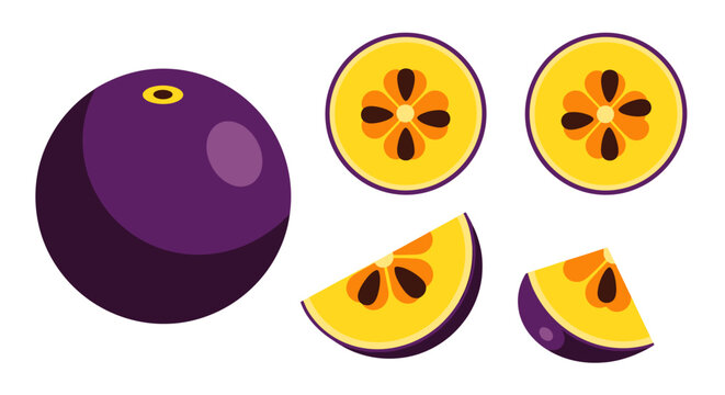 Exotic Jabuticaba Fruit, Whole, Halved, and Sliced in a Simplified Design