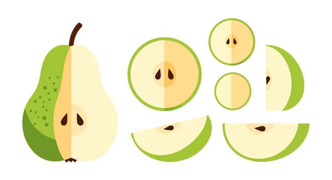 Stylized illustration of sliced green pears showing cross sections and details